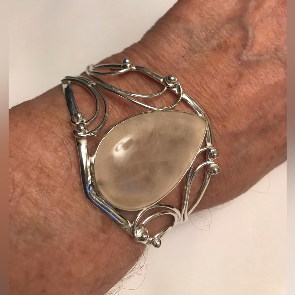 Rose Quartz Stamped 925 Sterling Silver Cuff Bracelet